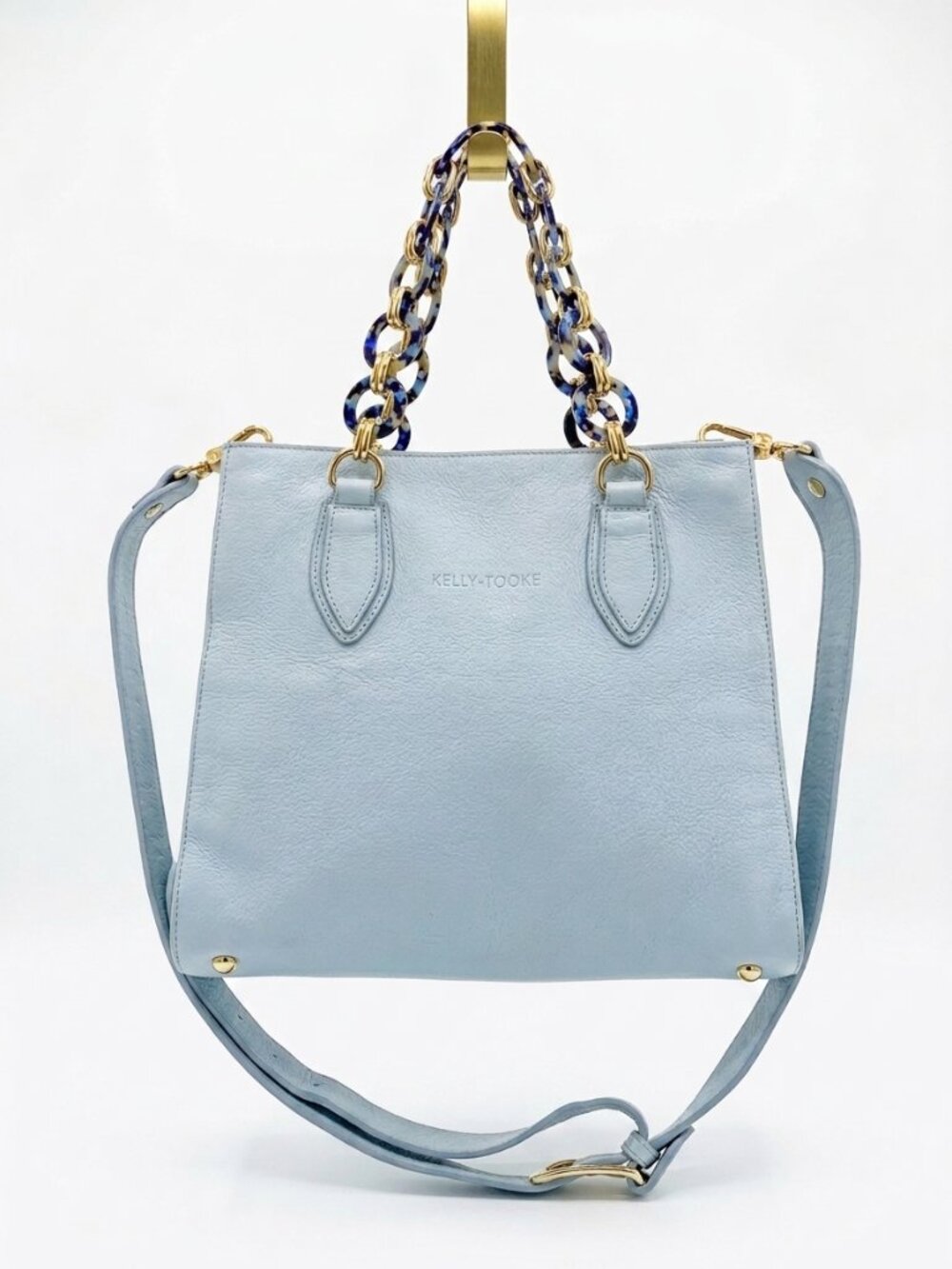 Kelly Tooke "Gayle" Leather Satchel Bag Blue Tortoise Chain Crossbody